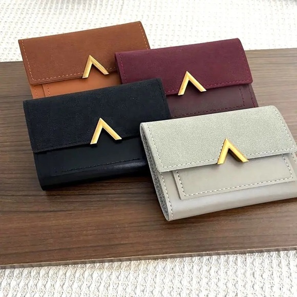 Vegan Leather Trifold Chic Two-Tone Brown Envelope Wallet with Gold Accent - Picture 2 of 3